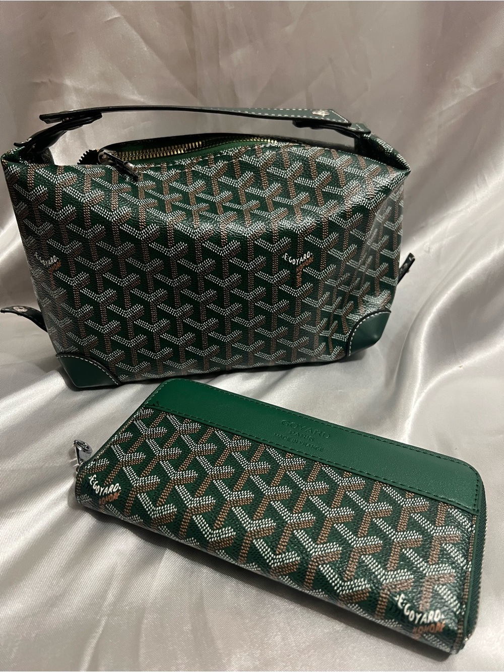 Green Goyardine Pouch and Wallet Set
